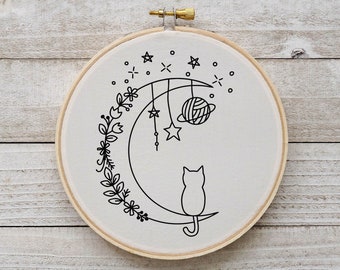 Cat and Moon Embroidery Pattern Cat Flower Embroidery Pattern Moon Flower Embroidery Instant Download
