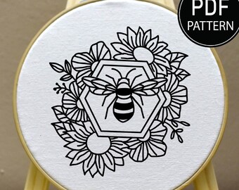 Bee and Flower Embroidery Pattern Bee  Embroidery Pattern Insect Embroidery Bee Hive Hand Embroidery Pattern Flower Embroidery PDF