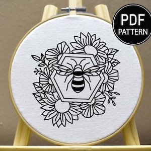 Bee and Flower Embroidery Pattern Bee  Embroidery Pattern Insect Embroidery Bee Hive Hand Embroidery Pattern Flower Embroidery PDF