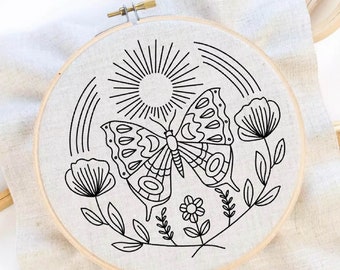 Butterfly Flower Embroidery Pattern Folk Art Embroidery Pattern Insect Embroidery Butterfly Hand Embroidery Sunshine Pattern Embroidery PDF