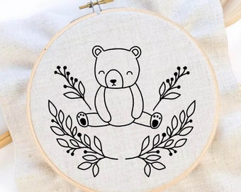 Baby Bear Embroidery Pattern Cute Bear Hand Embroidery Pattern Woodland Embroidery Wreath Embroidery Pattern Download