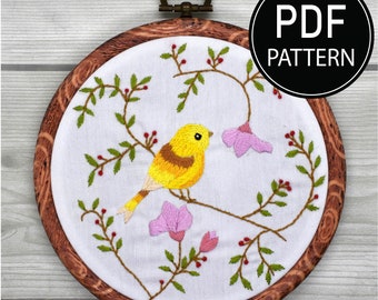 Bird and Flower Embroidery Pattern Embroidery Kit Bird Pattern Hand Embroidery Pattern Pink Flower Embroidery PDF