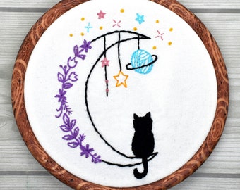 Cat and Moon Embroidery Pattern Cat Flower Embroidery Pattern Moon Flower Embroidery Kit Hand Embroidery Pattern Embroidery Pattern Download