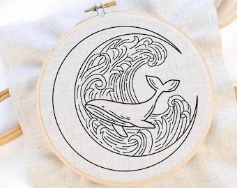 Moon and Whale Embroidery Pattern Sea Whale Embroidery Wave Embroidery Pattern Moon Hand Embroidery Pattern Instant Download