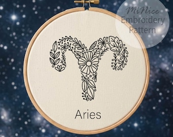 Aries Embroidery Pattern Zodiac Embroidery Flower Zodiac Hand Embroidery Pattern Floral Aries Embroidery Pattern Instant Download