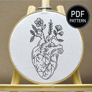May include: A black and white embroidery pattern of a human heart with flowers growing from it. The pattern is on a white fabric stretched over a wooden embroidery hoop.