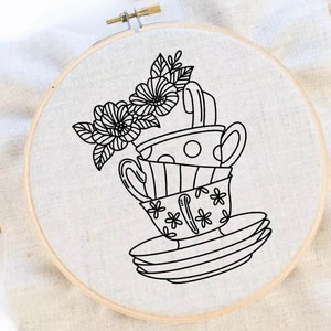 Flower Cups Embroidery Pattern Cups Hand Embroidery Tea Time Hand Embroidery Pattern Coffee Embroidery PDF Instant Download