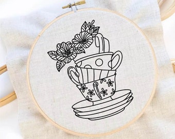 Flower Cups Embroidery Pattern Cups Hand Embroidery Tea Time Hand Embroidery Pattern Coffee Embroidery PDF Instant Download