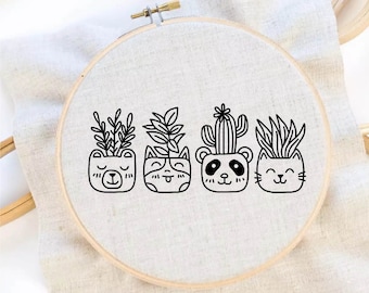 Cute Flowerpot Embroidery  Pattern Cute Plant Embroidery  Succulant Embroidery Pattern Cute Animal Plants Hand Embroidery PDF Pattern