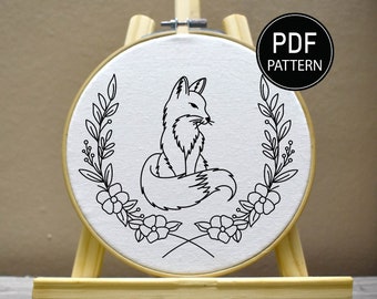 Fox Embroidery Pattern Fox and Flower Embroidery Pattern Woodland Embroidery Wreath Embroidery PDF