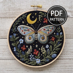Flower Moth Embroidery Pattern Floral Moth Embroidery Insect Embroidery Pattern PDF
