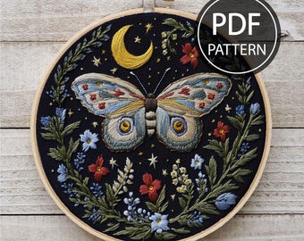 Flower Moth Embroidery Pattern Floral Moth Embroidery Insect Embroidery Pattern PDF