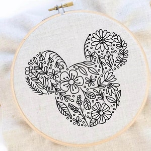 Flower Mickey Embroidery Pattern Floral Embroidery Pattern Mickey Hoop Art Flower Hand Embroidery Pattern PDF Instant Download