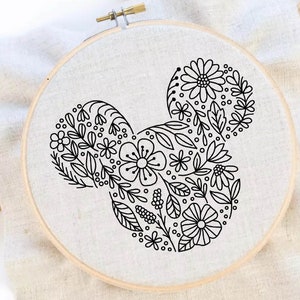 Flower Mickey Embroidery Pattern Floral Embroidery Pattern Mickey Hoop Art Flower Hand Embroidery Pattern PDF Instant Download