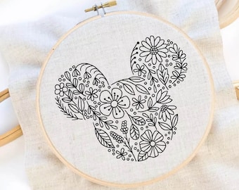 Flower Mickey Embroidery Pattern Floral Embroidery Pattern Mickey Hoop Art Flower Hand Embroidery Pattern PDF Instant Download