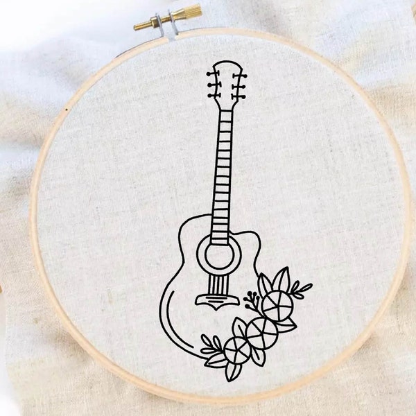 Guitar Embroidery Pattern Music Embroidery Musical Instrument Embroidery Pattern Guitar Hoop Art Hand Embroidery Pattern Instant Download