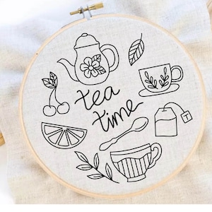 Tea Time Embroidery Pattern Tea Cup Hand Embroidery Tea Pot Hand Embroidery Pattern Lemon Hand Embroidery PDF Pattern