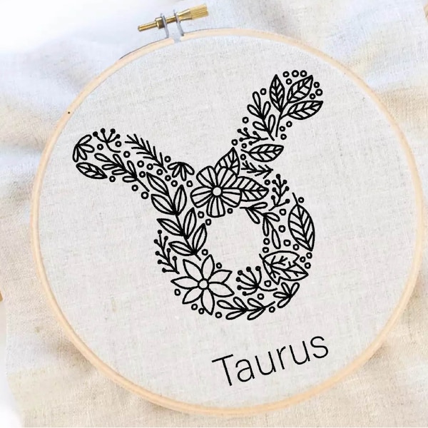 Taurus Embroidery Pattern Zodiac Embroidery Flower Zodiac Hand Embroidery Pattern Floral Taurus Embroidery Pattern Instant Download