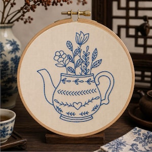 Flower Tea Pot Embroidery Pattern Bouquet Hand Embroidery Tea Flower Hand Embroidery Pattern Hand Embroidery PDF Pattern