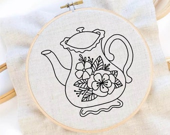 Flower Tea Pot Embroidery Pattern Flower Hand Embroidery Tea Flower Hand Embroidery Pattern Cute Tea Pot Hand Embroidery PDF Pattern