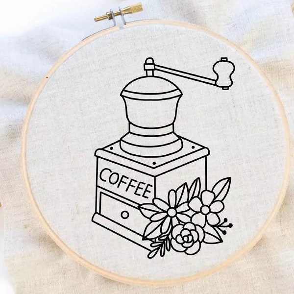 Coffee Grinder Embroidery Pattern Coffee Mill Hand Embroidery Coffe Flower Hand Embroidery Pattern Coffee Addict PDF Instant Download