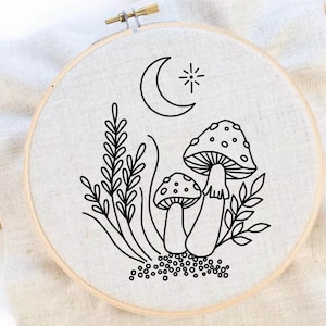 Mushroom Embroidery Pattern Fungi Embroidery Mushroom Garden Pattern Mushroom Hoop Art Moon Embroidery Instant Download