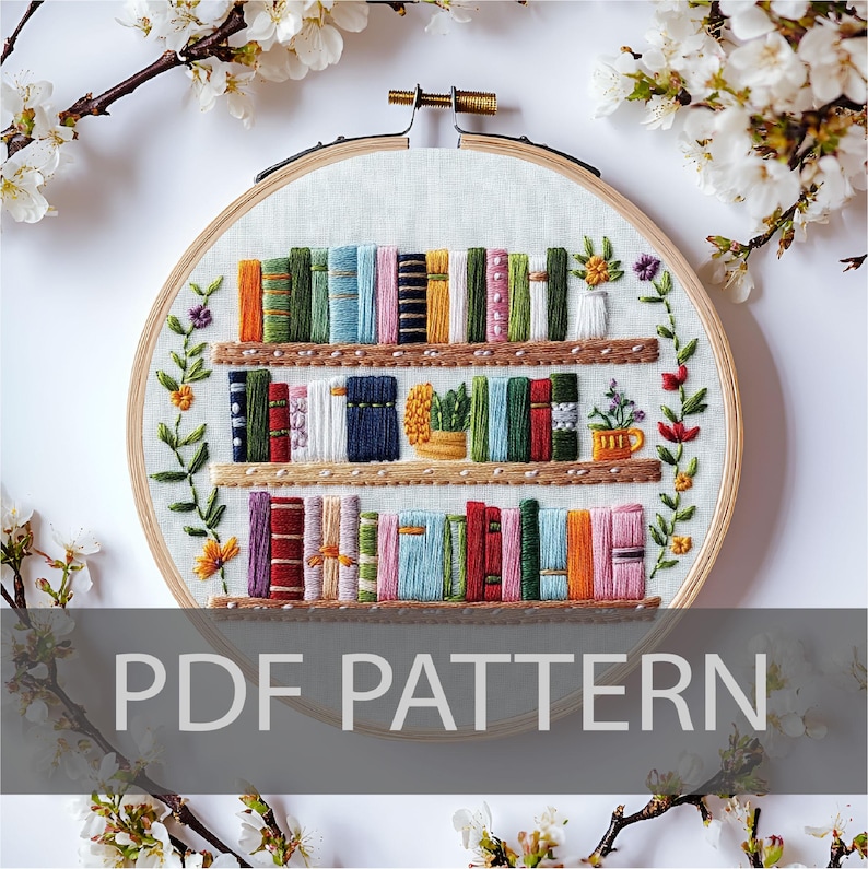 Flower Bookshelf Embroidery Pattern Floral Bookshelf Embroidery Reading ...
