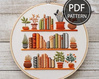 Bookshelf Embroidery Pattern Flower Bookshelf Embroidery Reading Embroidery Pattern Book Lover Embroidery Pattern