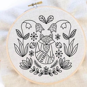 Fox Embroidery Pattern Folk Art Embroidery Pattern Woodland Embroidery Fox Flower Embroidery PDF