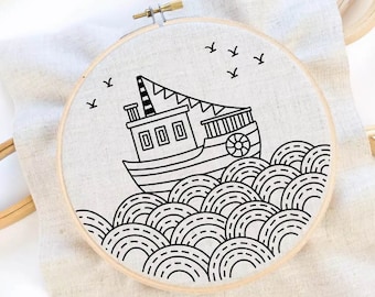 Ship and Wave Embroidery Pattern Ship Embroidery Sea Hand Embroidery Pattern Line Art Embroidery Pattern Instant Download