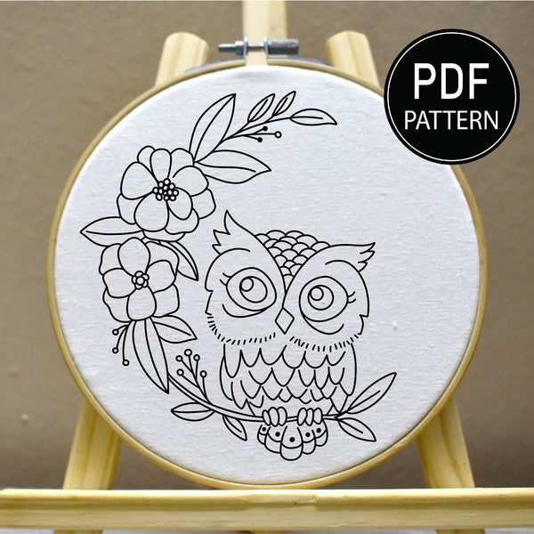 Owl Embroidery Pattern Owl Flower Embroidery Cute Owl Pattern Flower Moon Hand Embroidery Pattern Embroidery PDF