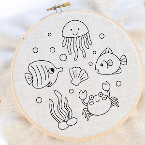 Ocean Life Embroidery Pattern Crab Embroidery Pattern Jellyfish Hand Embroidery Pattern Kid Embroidery PDF Instant Download