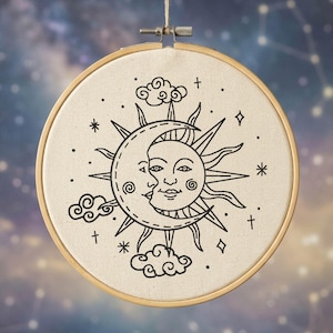 Patrón de bordado de sol y luna, patrón de bordado de luna, patrón de bordado celestial, patrón de bordado a mano de nubes, patrón de bordado soleado, descarga