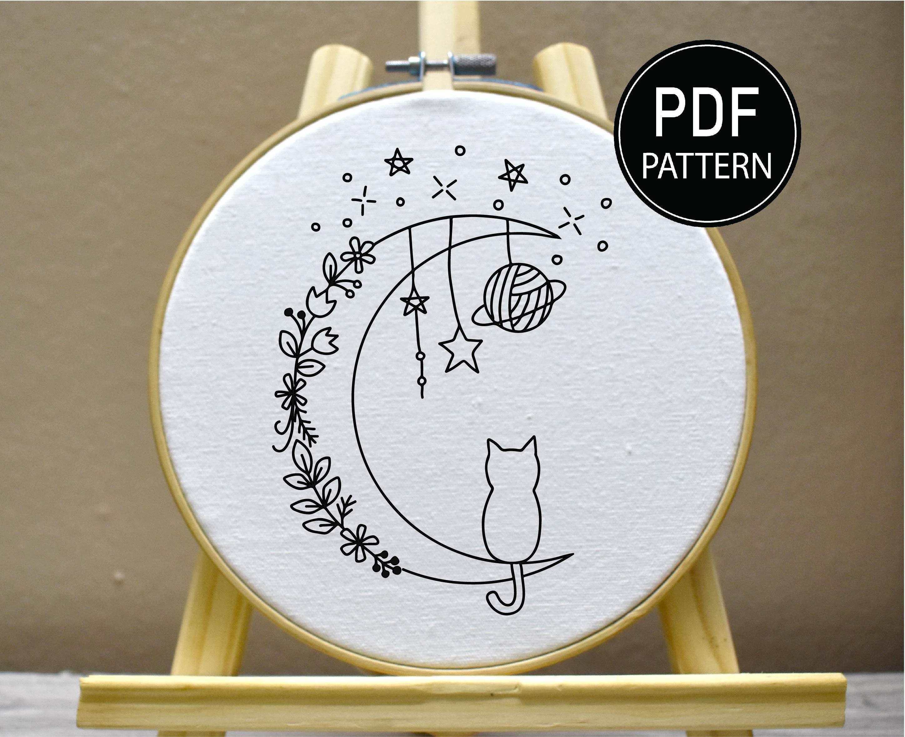 猫と月の刺繍パターン 猫の花の刺繍パターン 月の花の刺繍の即時