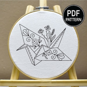 Paper Crane Embroidery Pattern Origami Hand Embroidery Flower Embroidery Pattern Whimsical Embroidery PDF