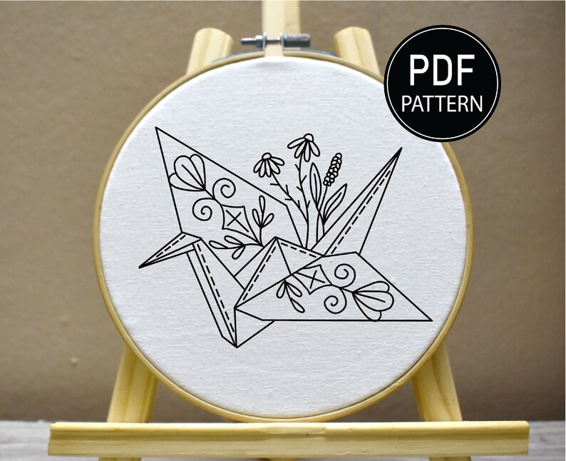 Paper Crane Embroidery Pattern Origami Hand Embroidery Flower Etsy