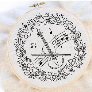 Violin Embroidery Pattern Violin Flower Embroidery Musical Instrument Embroidery Pattern Instant Download