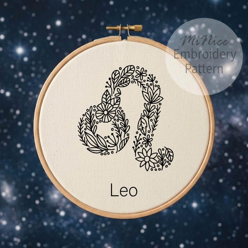 Leo Embroidery Pattern Zodiac Embroidery Flower Zodiac Hand Embroidery ...
