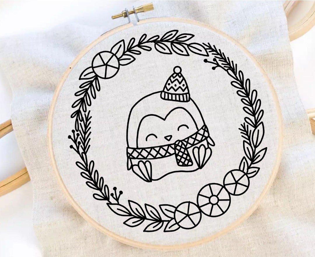 Cute Penguin Embroidery Pattern Christmas Wreath Embroidery Etsy