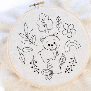 Cute Bear Embroidery Pattern Bear and flower Hand Embroidery Pattern Woodland Embroidery Baby Bear Embroidery Instant Download