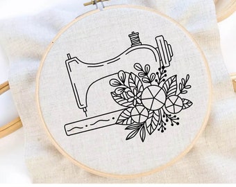 Sewing Machine Embroidery Pattern Sewing and Flower Embroidery Sewing Room Embroidery Pattern Vintage Sewing Embroidery PDF Instant Download