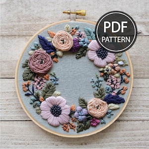 Wreath Embroidery Pattern Flower Pattern Hand Embroidery Pattern Frame Embroidery Wreath Frame Embroidery Pattern Download