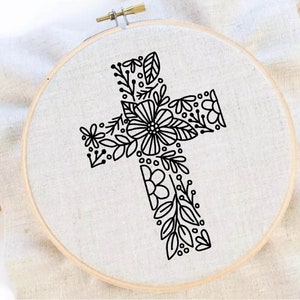 Flower Cross Embroidery Pattern Christian Embroidery Pattern Cross Hoop Art Flower Christian Cross Hand Embroidery PDF Instant Download