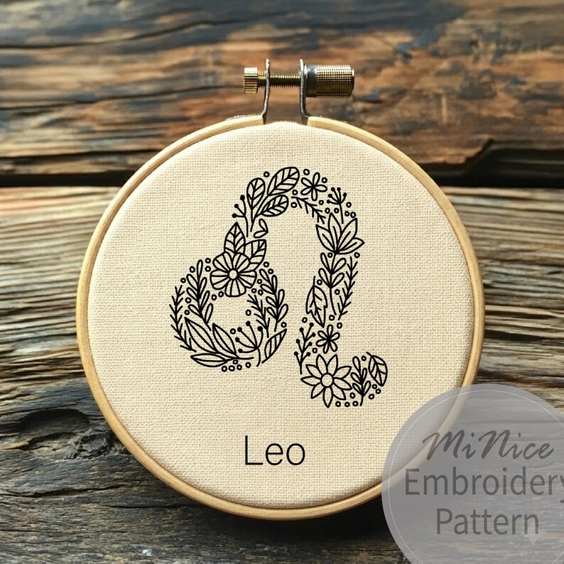 Leo Embroidery Pattern Zodiac Embroidery Flower Zodiac Hand Embroidery ...
