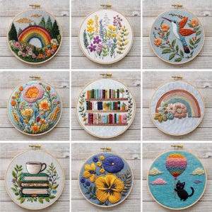 May include: Nine embroidery hoops with various designs, including a rainbow, flowers, books, and a hot air balloon. The hoops are all wooden and have a white background.