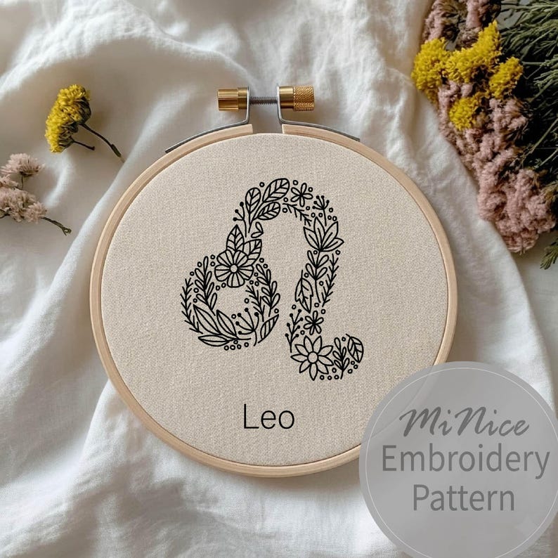 Leo Embroidery Pattern Zodiac Embroidery Flower Zodiac Hand Embroidery ...