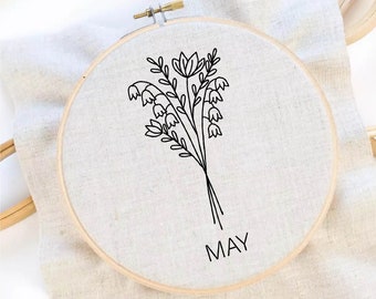 Patrón de bordado de flores del mes de nacimiento. Bordado de flores de mayo. Bordado de lirio de los valles. Arte de aro de flores. Descarga instantánea en PDF.