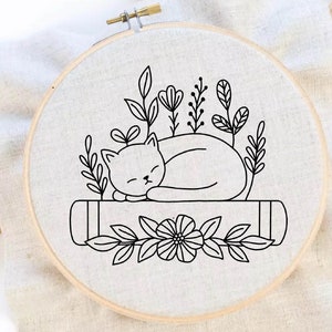 Cat and Books Embroidery Pattern Book Lover Embroidery Cat Flower Embroidery Pattern Cat Embroidery Pattern Download