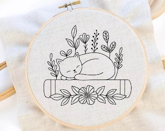 Cat and Books Embroidery Pattern Book Lover Embroidery Cat Flower Embroidery Pattern Cat Embroidery Pattern Download