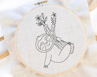 Sloth Embroidery Moon Flower Embroidery Sloth Moon Embroidery Pattern Sloth Flower Embroidery Pattern Download